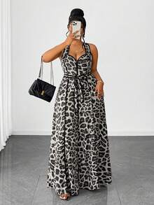 Maweii Plus Size Sexy Off-Shoulder Leopard Print Jumpsuit - Grey - View 1