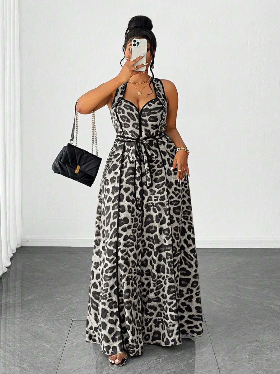 Maweii Plus Size Sexy Off-Shoulder Leopard Print Jumpsuit - Grey - View 1