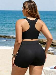 Swim SPRTY Plus Size Women 2pcs Solid Color Supportive Racerback Top With Shorts Swimwear Set - Black - View 2