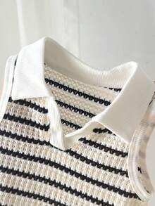 SHEIN Baju Polo Tanpa Lengan Rajut Bergaris Serbaguna untuk Bayi Perempuan, Lucu dan Cocok untuk Musim Panas - Hitam dan Putih - View 3