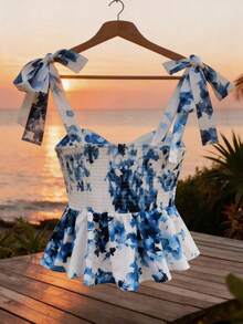Blue Printed Shoulder Tie Ruffle Hem Vacation Tank Top For Women - Blue - View 2