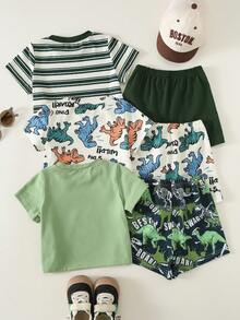 SHEIN Bộ 3 món đồ chơi cho bé trai/bé gái, gồm áo thun ngắn tay và quần short in hình khủng long dễ thương, thích hợp mặc mùa hè. - màu xanh lá - Xem 2