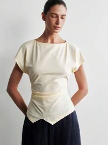 Selianne Women's Spring/Summer New Linen Casual Minimalist Slouchy Daily Gathering Commute Outfit Wrinkled Asymmetrical Slit Design Square Neck Apricot Shoulder Strap T-Shirt - Apricot - View 4