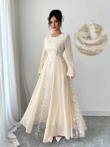 Modelyn Mesh Embroidered Chiffon Patchwork Long Sleeve Dress For Women - Apricot - View 3