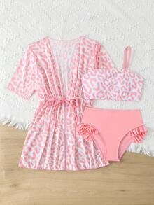 SHEIN Tween Girls' 3 Pieces Swimwear Set, Cute Leopard Print, Fashionable Casual Elegant Swimwear Suitable For Swimming, Vacation, Summer Girl Swimsuit With Cover Up Girls Bathing Suit Set Girls Summer Holiday Outfits Summer Clothes Sets Family Swimwear Matching Outfit Set - Pink - View 4