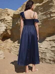 DAZY Vestido largo elegante con volantes asimétricos en el hombro y bajo, color azul marino, vestidos de verano y primavera para mujer, casual de negocios - Azul Marino - Ver 2