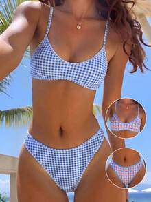 SHEIN Swim Mod 夏季度假性感格子碎花吊带比基尼套装 - 彩色 - 查看 3