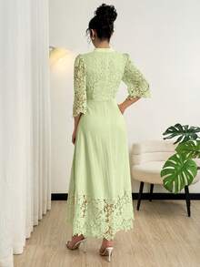 Modelyn Đầm maxi dài tay màu vàng thêu lỗ họa tiết, phối nhiều mảnh dành cho nữ - màu xanh lá - Xem 3