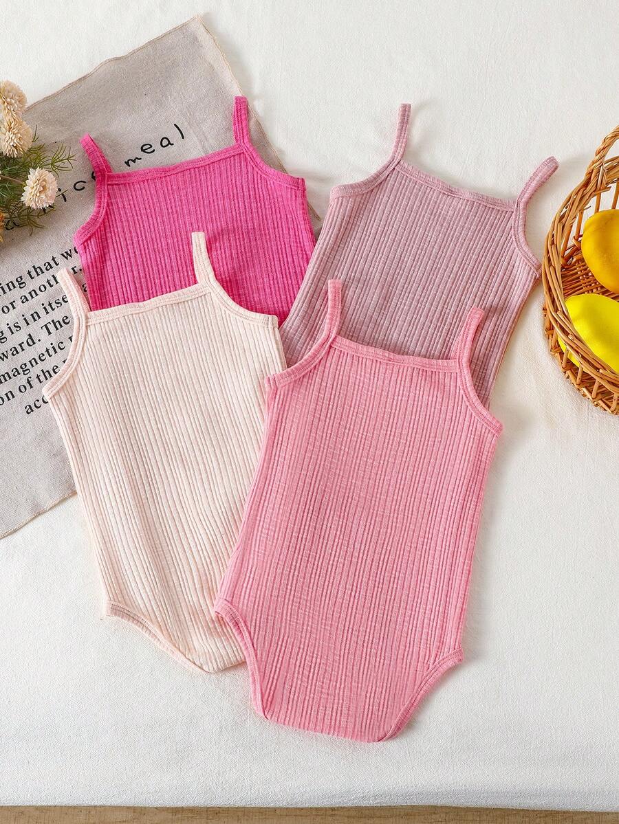 SHEIN 4pcs/Set Baby Girls' Summer Knitted Elastic Ribbed Romper Bodysuit