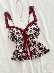 Sunnyshic Rose Print Pattern Bow Lace Camisole For Women - Multicolor - View 4