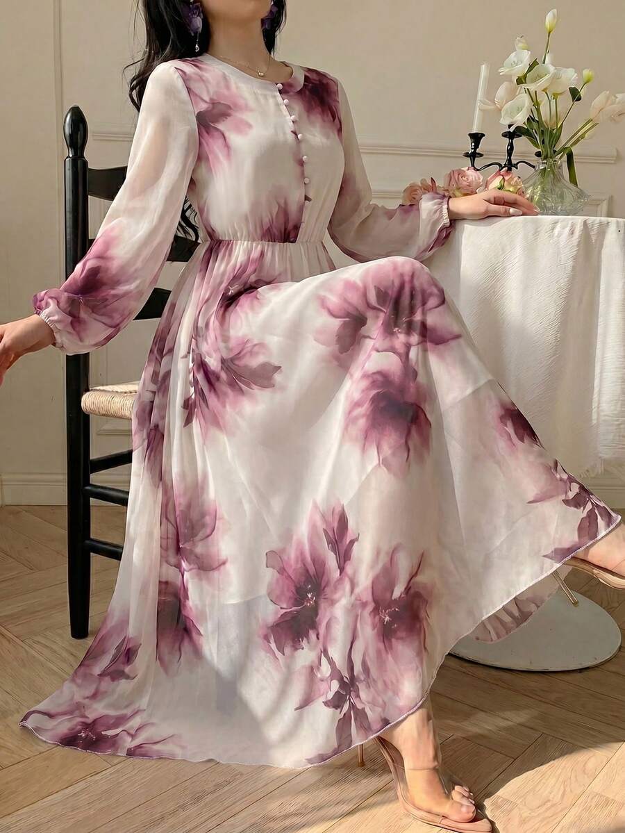Modelyn Spring & Summer Fashion Flat Collar Long Sleeve Chiffon Floral Print Fitted Flared Dress - Multicolor - View 1