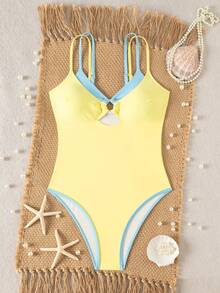 Swim Mod Áo tắm liền thân kẻ caro dành cho nữ, dây mảnh, thích hợp cho kỳ nghỉ biển mùa xuân/hè. - Màu vàng - Xem 3