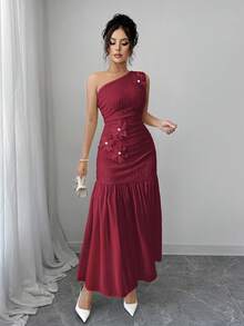 Modelyn 女士3D立体花卉黄色雪纺拼接连衣裙 - 酒紅色 - 查看 5