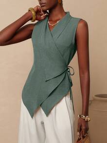 Vesra Women's Solid Color Asymmetrical Shirt, Summer - Green - View 5
