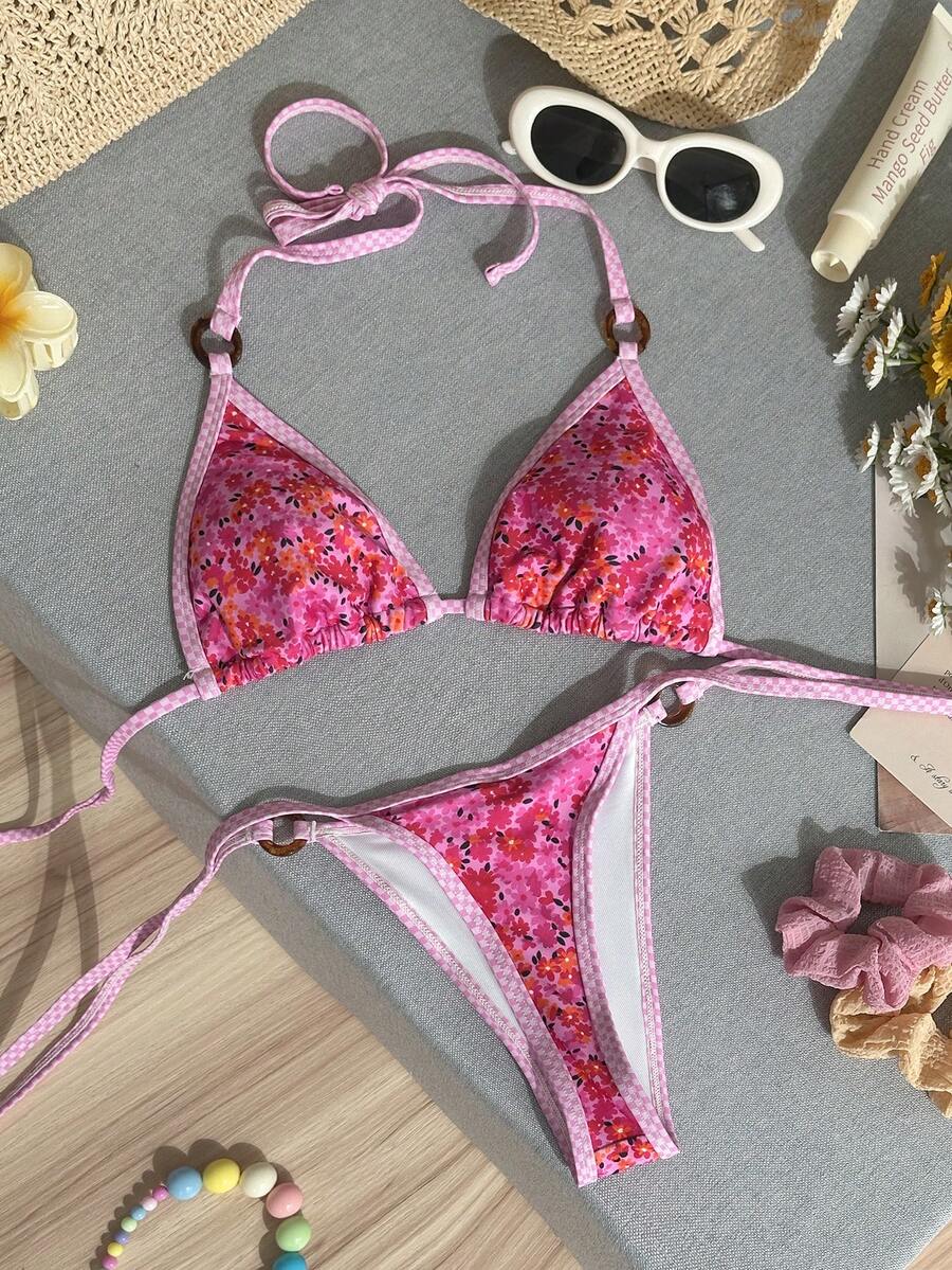 SHEIN Swim Vcay 女士夏季沙滩度假碎花系带露背泳衣两件套 - 彩色 - 查看 1