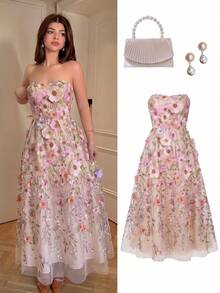 Selianne Vestido elegante y romántico de malla con bordado floral sin tirantes y cintura para mujer, último diseño de primavera y verano en color púrpura - Multicolor - Ver 1