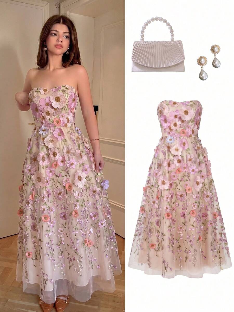 Selianne Vestido elegante y romántico de malla con bordado floral sin tirantes y cintura para mujer, último diseño de primavera y verano en color púrpura - Multicolor - Ver 1