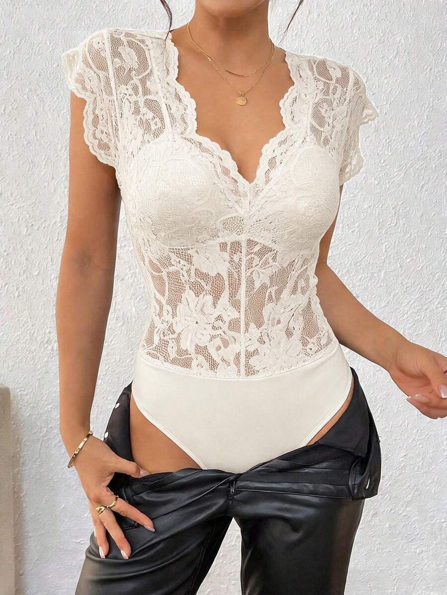 Bluhae Women's Minimalist Commuting Contrast Lace Bodysuit - Beige - View 1
