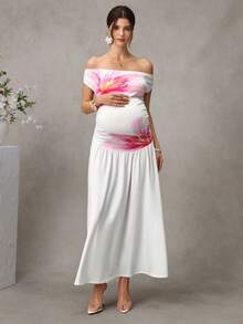 Momance Đầm bầu dáng chữ A ôm sát, hở vai, in kỹ thuật số - trắng - Xem 4