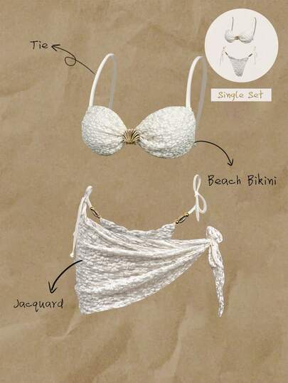 Elavelle Women's Summer Beach Outfits, Solid Color Jacquard Fabric Spaghetti Strap Sexy Bikini Set With Shell Metal Decor
