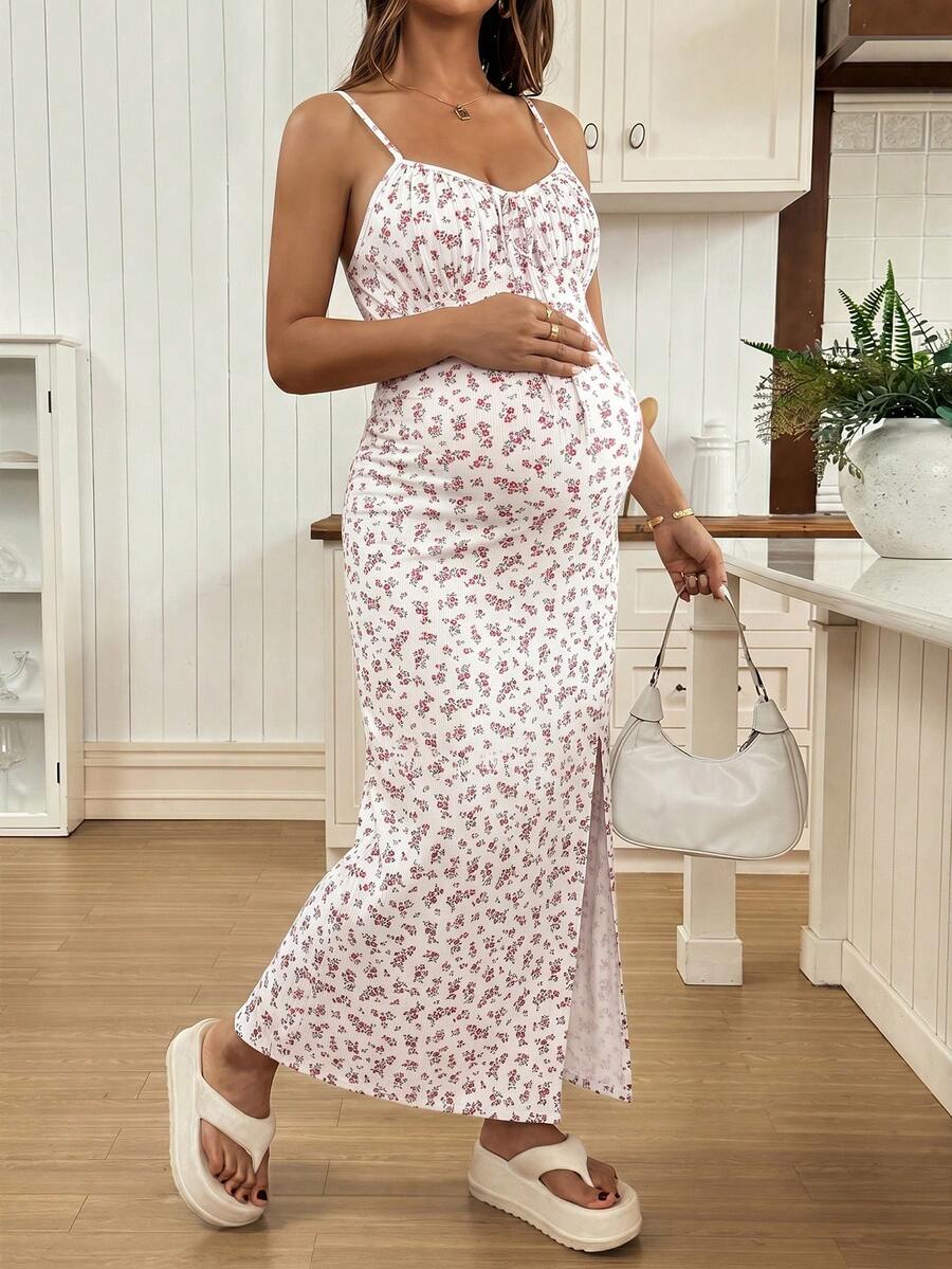 SHEIN 孕妇全印花褶皱开衩设计休闲度假无袖连衣裙 - 紅色 - 查看 1