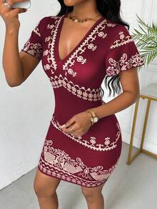 VaVaBold Đầm ngắn nữ cổ chữ V in họa tiết lá cây, thích hợp cho các buổi tiệc, đi chơi. - Màu Đỏ Sâu - Xem 4