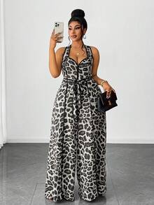 Maweii Plus Size Sexy Off-Shoulder Leopard Print Jumpsuit - Grey - View 5