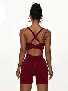 Women's Seamless Sports Jumpsuit - Burgundy - View 5