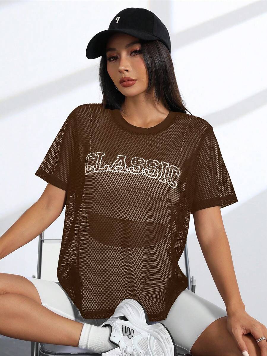 Easithlete Easithlete 女士网眼镂空字母印花短袖圆领运动T恤