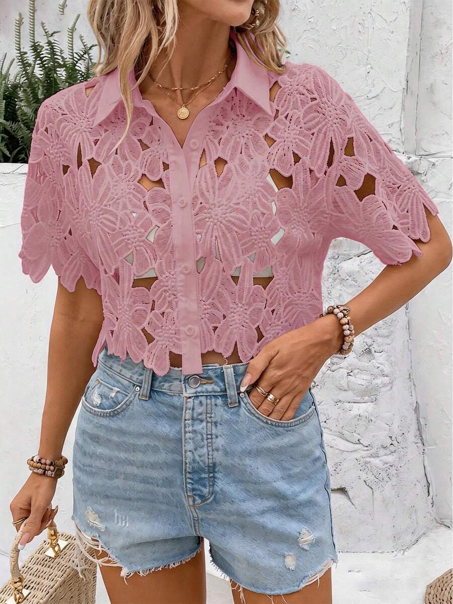 SHEIN Clasi Solid Color Hollow Front Button Short Sleeve Cropped Fashionable Shirt, Summer - Dusty Pink - View 1