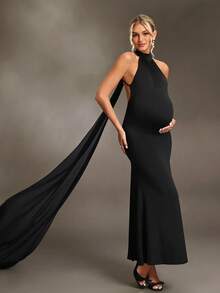 Cheriluna Maternity Đầm bầu, đầm ôm sát gợi cảm hở lưng cổ yếm dài thướt tha, đầm chụp ảnh bầu. - màu đen - Xem 1