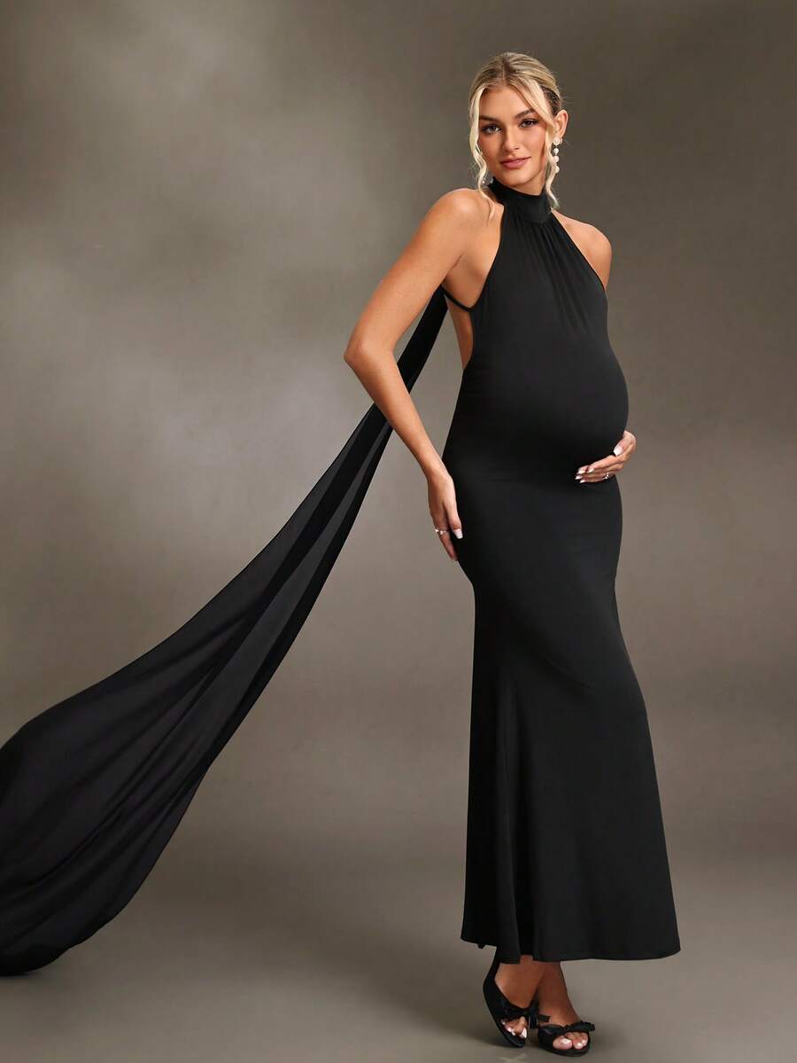 Cheriluna Maternity Đầm bầu, đầm ôm sát gợi cảm hở lưng cổ yếm dài thướt tha, đầm chụp ảnh bầu. - màu đen - Xem 1