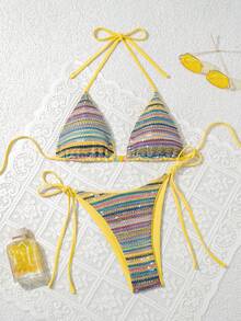 SHEIN Swim Mod Bộ bikini gợi cảm gồm 2 món: áo ngực tam giác và quần bơi buộc dây bên hông bằng vải đặc biệt đính sequin nhiều màu sắc, thích hợp cho mùa xuân/hè. - Nhiều màu - Xem 5