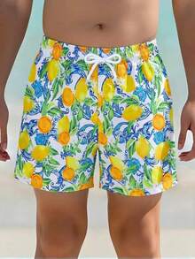 SHEIN Young Boy Green Sea Turtle Pattern Cute Beach Swim Trunks - Multicolor - View 6