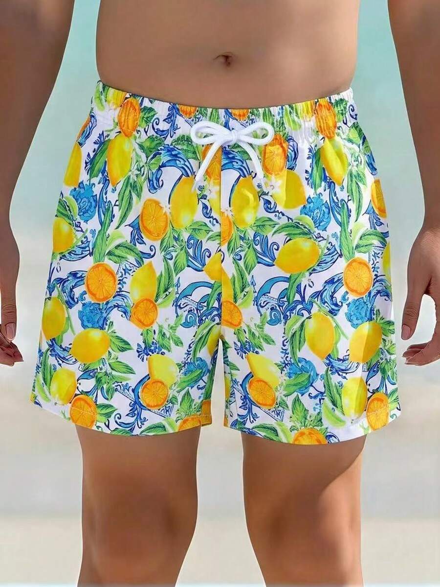 SHEIN Young Boy Green Sea Turtle Pattern Cute Beach Swim Trunks