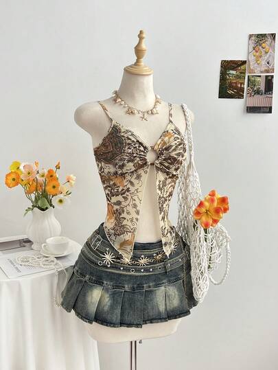 Elamini Áo hai dây nữ mùa hè, kiểu dáng thường ngày, chất liệu lưới, in họa tiết, xẻ tà trước và sau.