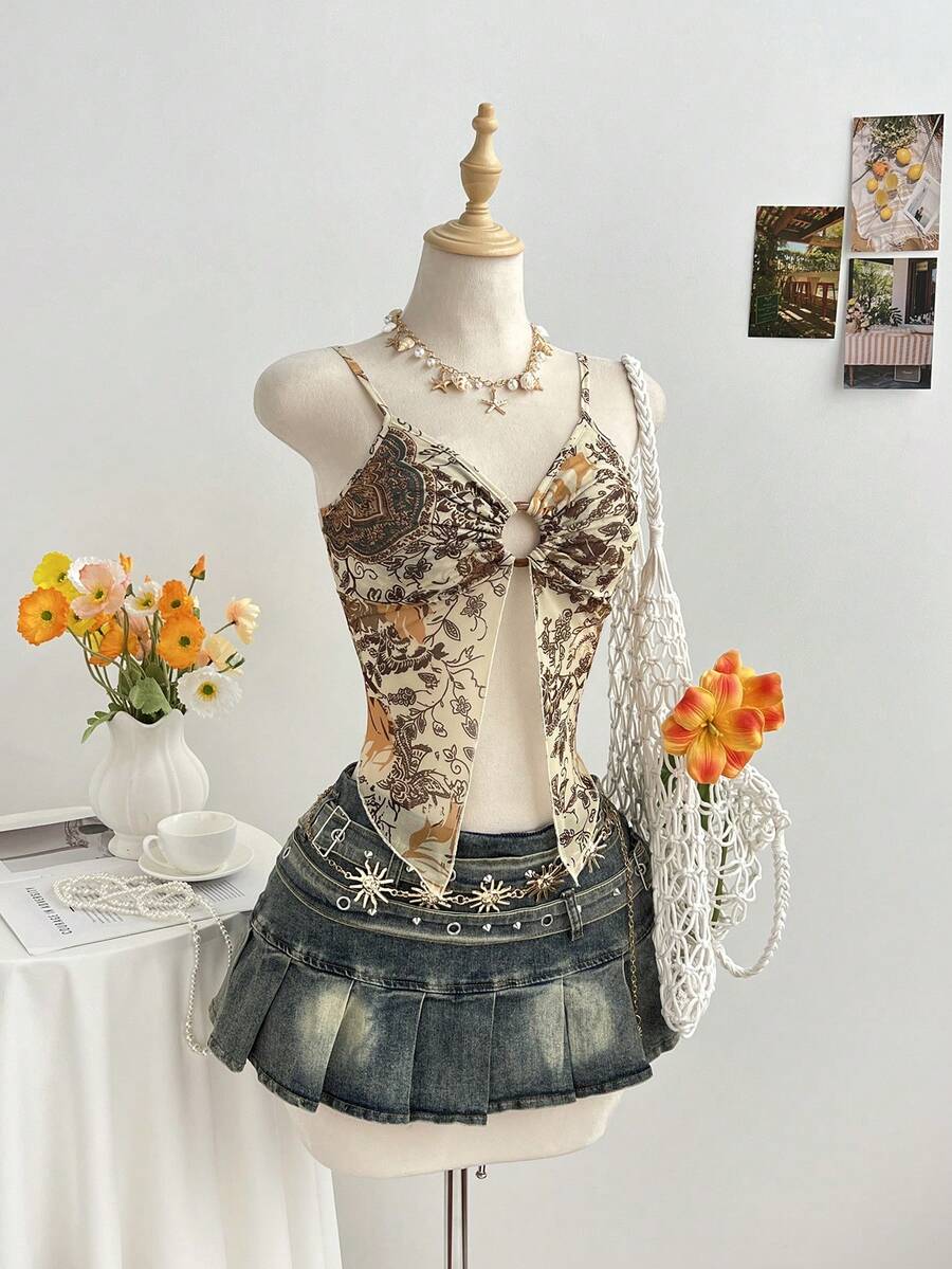 Elamini 女士夏季休闲度假网眼印花前后开衩吊带衫 - 彩色 - 查看 1