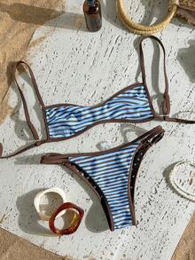 Swim Mod Women's Vintage Polka Dot & Striped Print Reversible Bikini Set, Fashionable Casual Beach Swimwear, Sexy Sweet Retro Elegant - Multicolor - View 4