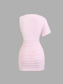 Sweetra Đầm ngắn màu hồng thanh lịch, tối giản, cổ bất đối xứng, khóa kim loại, eo thon, thích hợp cho công sở, dành cho nữ. - Hồng - Xem 2