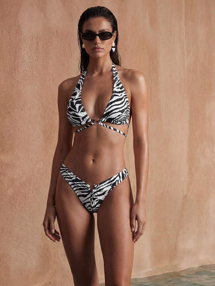 Women's Summer Beach Zebra Print Halter Tie Sexy Bikini And Triangle Panty Swimwear Set