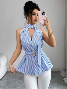 Elenzga 蓝白条纹露背纽扣前襟衬衫，休闲办公派对夏季女士优雅露背荷叶边衬衫，无袖V领纽扣前襟系带上衣，休闲办公派对夏季衬衫 - 彩色 - 查看 9
