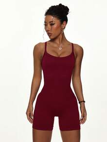 Women's Seamless Sports Jumpsuit - Burgundy - View 6