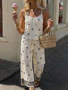Breezaya Ensemble décontracté et élégant de 2 pièces à imprimé floral bohème pour femmes, débardeur à bretelles fines et pantalon large en mélange de lin pour les vacances, débardeur à bretelles fines et pantalon large 2 pièces pour la maison et les loisirs, ensemble Top débardeur à imprimé floral et pantalon large en mélange de lin pour le quotidien et le brunch, ensemble bohème Y2K de 2 pièces à imprimé floral, tenue d'été blanche pour les vacances - Nude - Voir 10