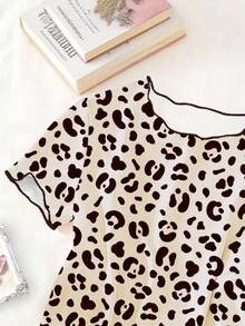 Genkimix Kids Conjunto de pijama para niñas preadolescentes, camiseta informal con estampado de leopardo y cuello con volantes, pantalones holgados con estampado total, ropa de estar en casa diaria 1 set - Albaricoque - Ver 3