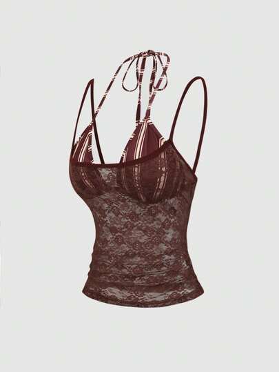Sweetra Áo camisole không tay dáng ôm, thiết kế mới, kẻ sọc cổ điển, kiểu dáng bất đối xứng, 2 trong 1 dành cho nữ, thích hợp cho mùa xuân/hè.