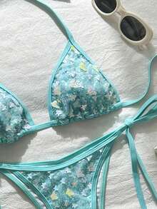 Bonvoyette Swim MOD 两件式蝴蝶亮片纹理挂脖三角比基尼上衣和侧系带泳裤性感泳装套装，女士，春夏款 - 薄荷藍 - 查看 4