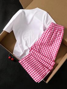 SHEIN Bộ áo thun và quần kẻ caro in hình quả anh đào dễ thương dành cho bé gái, thích hợp cho các hoạt động thường ngày và mặc dạo phố. - trắng - Xem 3