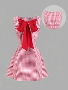 Sweetra Đầm mini nữ mùa Xuân/Hè mới, phong cách đường phố retro, gợi cảm, ôm dáng, thanh lịch, đa năng, thoải mái, có nơ và kẻ caro, thích hợp cho kỳ nghỉ. - Đỏ - Xem 6