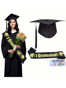 1 Buah Set Topi Wisuda Rumbai Hitam dengan Rumbai Emas untuk Upacara Wisuda, Dekorasi Photo Booth, Perlengkapan Pesta Sekolah, dan Lainnya - warna-warni - View 1