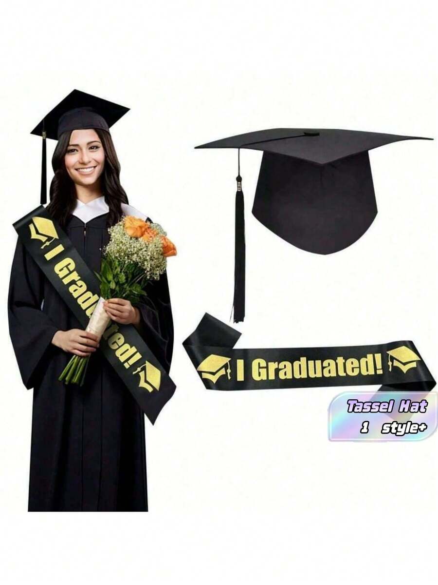 1 Buah Set Topi Wisuda Rumbai Hitam dengan Rumbai Emas untuk Upacara Wisuda, Dekorasi Photo Booth, Perlengkapan Pesta Sekolah, dan Lainnya - warna-warni - View 1